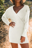 MQTIME  -  Cable-Knit Surplice Lantern Sleeve Sweater Dress