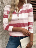 MQTIME  -  Contrast Striped V-Neck Long Sleeve T-Shirt