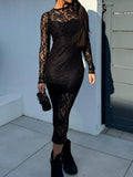 MQTIME  -  Lace Round Neck Long Sleeve Midi Dress