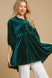 MQTIME  -  Umgee Pearl Detail Half Sleeve Velvet Babydoll Blouse