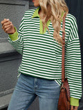 MQTIME  -  Striped Johnny Collar Long Sleeve Sweatshirt