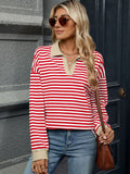 MQTIME  -  Striped Johnny Collar Long Sleeve Sweatshirt