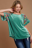 MQTIME  -  Umgee Velvet Embroidery Short Sleeve Blouse