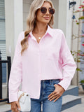 MQTIME  -  Striped Collared Neck Button Down Long Sleeve Shirt