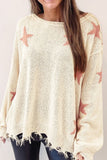 MQTIME  -  Contrast Star Raw Hem Long Sleeve Knit Top