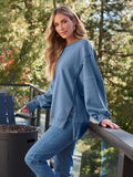 MQTIME  -  Slit Round Neck Long Sleeve Sweatshirt