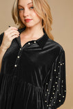 MQTIME  -  Umgee Pearl Detail Half Sleeve Velvet Babydoll Blouse