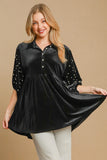 MQTIME  -  Umgee Pearl Detail Half Sleeve Velvet Babydoll Blouse