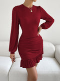 MQTIME  -  Ruffled Round Neck Long Sleeve Mini Dress