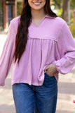 MQTIME  -  Corded Johnny Collar Long Sleeve Babydoll Blouse