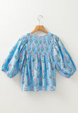 MQTIME  -  Smocked Floral Print Tie Neck Blouse