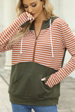 MQTIME  -   Drawstring Stripe Half Zip Long Sleeve Hoodie