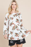 MQTIME  -   Super Lady Full Size Babydoll Floral Boat Neck Long Sleeve Blouse