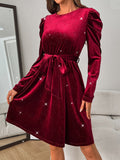 MQTIME  -  Glitter Round Neck Puff Sleeve Dress