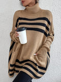 MQTIME  -  Striped Turtleneck Batwing Sleeve Sweater with Pockets