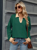 MQTIME  -  Striped Johnny Collar Long Sleeve Sweatshirt