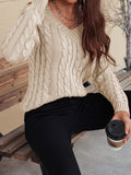 MQTIME  -   Cable-Knit V-Neck Cold Shoulder Sweater