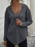 MQTIME  -  Drawstring Waffle Knit Long Sleeve Hooded Top