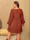 MQTIME  -  Plus Size Embroidered Tie Neck Balloon Sleeve Mini Dress