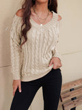 MQTIME  -   Cable-Knit V-Neck Cold Shoulder Sweater