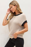 MQTIME  -  Contrast Trim Round Neck Cap Sleeve Knit Top