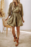 MQTIME  -  Smocked Johnny Collar Three-Quarter Sleeve Mini Dress