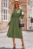 MQTIME  -  Smocked V-Neck Flounce Sleeve Midi Dress