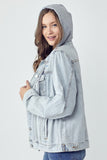 MQTIME  -  Full Size Distressed Drawstring Hooded Denim Jacket
