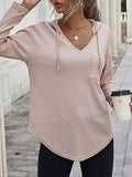 MQTIME  -  Drawstring Waffle Knit Long Sleeve Hooded Top