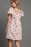 MQTIME  -  Umgee Heart Jacquard Square Neck Puff Sleeve Mini Dress