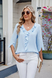 MQTIME  -  Ruffled V-Neck Three-Quarter Sleeve Blouse
