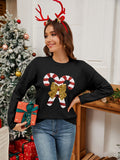 MQTIME  -  Sequin Candy Cane Round Neck Long Sleeve Sweater