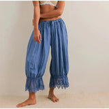 MQTIME  -  Casual Lace Patchwork Elastic Waist Trouser Women Chic High-waisted Lace-up Loose Wide-leg Ninth Pants Lady Street Trousers