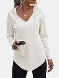 MQTIME  -  Drawstring Waffle Knit Long Sleeve Hooded Top