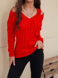 MQTIME  -   Cable-Knit V-Neck Cold Shoulder Sweater