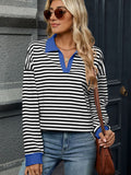 MQTIME  -  Striped Johnny Collar Long Sleeve Sweatshirt