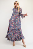 MQTIME  -  Celeste Full Size Ruffle Hem Paisley Round Neck Dress