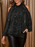 MQTIME  -  Frill Mock Neck Cold Shoulder Blouse