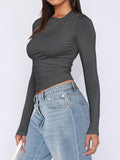 MQTIME  -  Ruched Asymmetrical Neck Long Sleeve T-Shirt