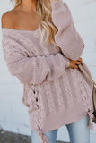 MQTIME  -  Cable Knit Lace Up V-Neck Sweater