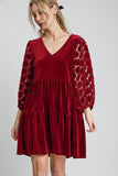 MQTIME  -  Dotted Lace Sleeve Tiered Velvet Mini Dress