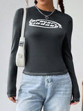 MQTIME  -  Letter Graphic Round Neck Long Sleeve T-Shirt