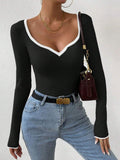 MQTIME  -  Contrast Trim Long Sleeve Knit Top