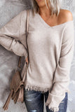 MQTIME  -  Exposed Seam Fringe Hem V-Neck Long Sleeve Sweater