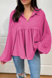 MQTIME  -  Corded Johnny Collar Long Sleeve Babydoll Blouse