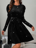 MQTIME  -  Glitter Round Neck Puff Sleeve Dress