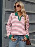 MQTIME  -  Striped Johnny Collar Long Sleeve Sweatshirt