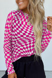 MQTIME  -  Checkered Mock Neck Long Sleeve Blouse