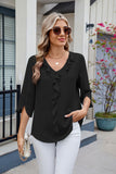 MQTIME  -  Ruffled V-Neck Three-Quarter Sleeve Blouse