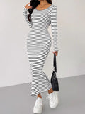 MQTIME  -  Striped Scoop Neck Long Sleeve Midi Tee Dress